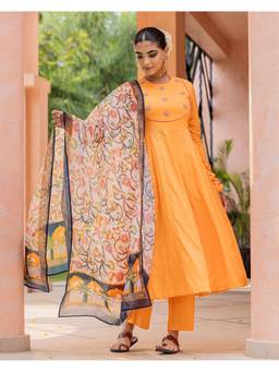 Ambraee - Women Orange Embroidered Mirror Work Anarkali Kurta with Pant and Dupatta