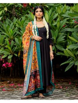 Ambraee - Women Black Solid Mirror Work Anarkali Kurta with Pant and Dupatta