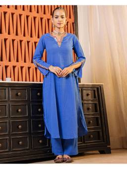 Ambraee - Women Blue Solid Mirror Work Kurta with Pant