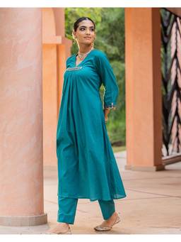 Ambraee - Women Blue Solid Mirror Work Kurta with Pant