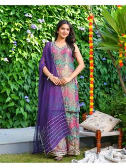 Ambraee - Women Multi-Color Printed Sequined Work Kurta with Palazzo and Dupatta