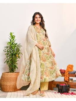 Ambraee - Women Beige Floral Beads and Stones Kurta with Pant and Dupatta