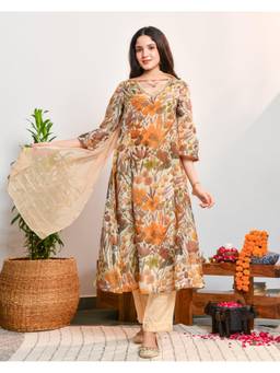 Ambraee - Women Beige Floral Printed Anarkali Kurta with Pant and Dupatta