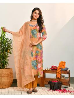 Ambraee - Women Peach Floral Mirror Work Kurta with Pant and Dupatta