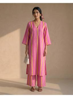 Ambraee - Women Pink Stripes Printed Co-Ord Set