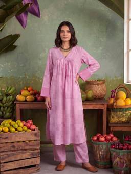 Ambraee - Women Pink Checks Printed Co-Ord Set