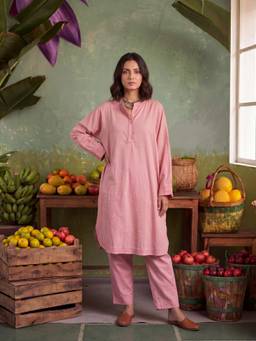 Ambraee - Women Pink Solid Thread Work Co-Ord Set