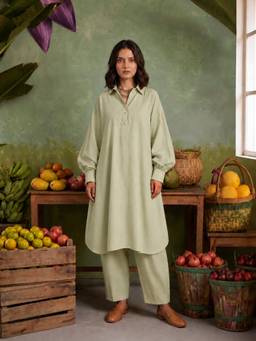 Ambraee - Women Green Solid Thread Work Co-Ord Set