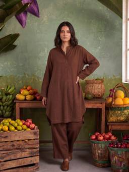 Ambraee - Women Brown Solid Thread Work Co-Ord Set