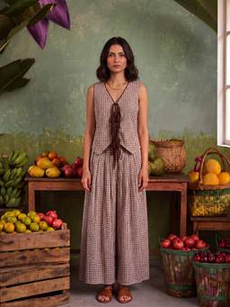 Ambraee - Women Brown Checks Printed Co-Ord Set