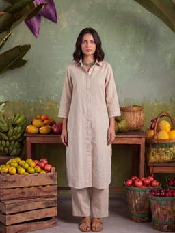 Ambraee - Women Beige Solid Thread Work Co-Ord Set