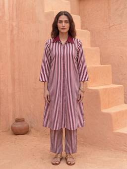 Ambraee - Women Maroon Stripes Printed Co-Ord Set