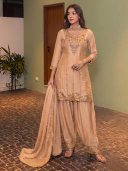 Autumnlane - Women Beige Embroidered Sequined Work Kurti with Salwar and Dupatta