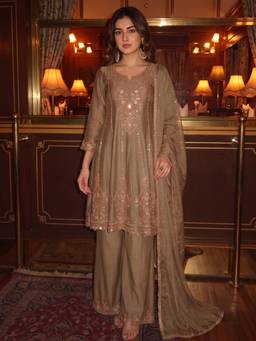 Autumnlane - Women Beige Embroidered Sequined Work Kurti with Palazzo and Dupatta