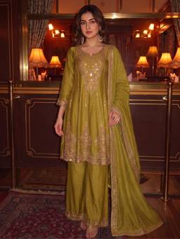 Autumnlane - Women Olive Embroidered Sequined Work Kurti with Palazzo and Dupatta