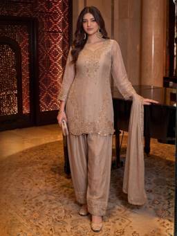 Autumnlane - Women Beige Sequined Beads-Stone Work Kurti with Salwar and Dupatta