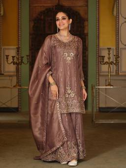 Autumnlane - Women Brown Embroidered Sequined Work Kurta with Palazzo and Dupatta