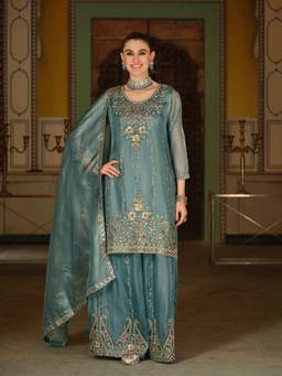 Autumnlane - Women Green Embroidered Sequined Work Kurta with Palazzo and Dupatta