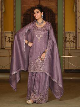 Autumnlane - Women Lavender Embroidered Sequined Work Kurta with Palazzo and Dupatta