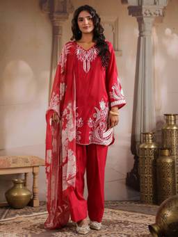 Autumnlane - Women Red Floral Embroidered Kurti with Farshi Salwar and Dupatta