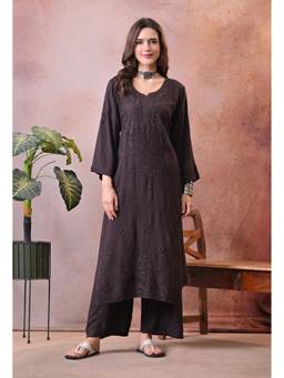 SYRISH - Women Brown Embroidered Chikankari Kurta with Palazzo
