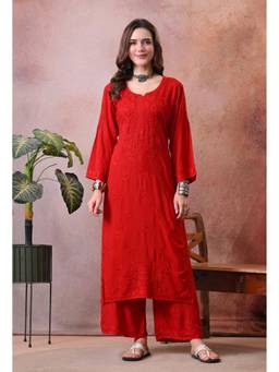 SYRISH - Women Red Embroidered Chikankari Kurta with Palazzo