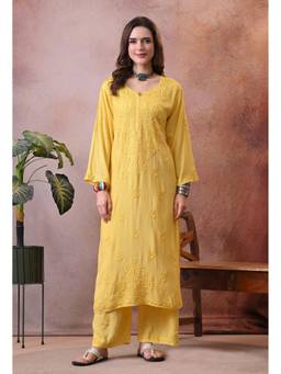 SYRISH - Women Yellow Embroidered Chikankari Kurta with Palazzo