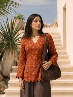 KAFTANIZE - Women Rust Printed Short Kurti