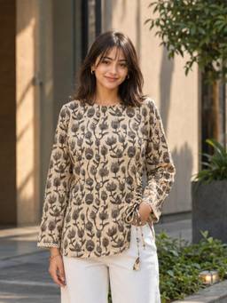 KAFTANIZE - Women Beige Floral Printed Short Kurti