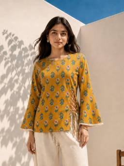 KAFTANIZE - Women Mustard Floral Printed Short Kurti
