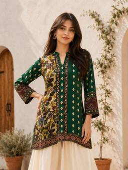 KAFTANIZE - Women Green Printed Embellished Work Short Kurti