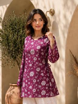 KAFTANIZE - Women Wine Floral Printed Short Kurti