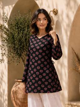 KAFTANIZE - Women Black Floral Printed Short Kurti