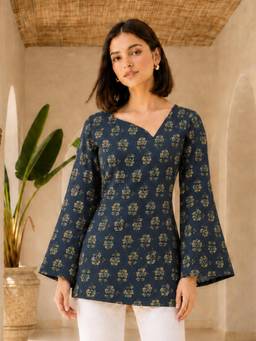 KAFTANIZE - Women Navy Blue Floral Printed Short Kurti