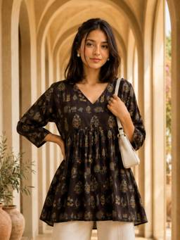 KAFTANIZE - Women Brown Floral Printed Short Kurti