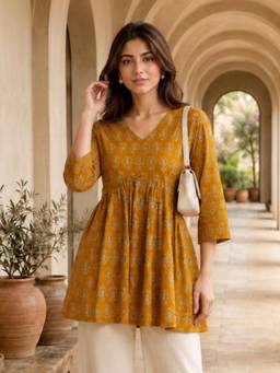 KAFTANIZE - Women Mustard Floral Printed Short Kurti