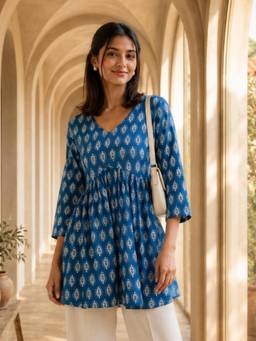 KAFTANIZE - Women Blue Floral Printed Short Kurti