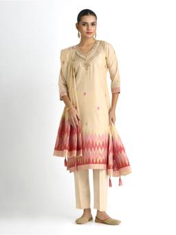 Women Plus - Beige Embroidered Printed Kurta with Pant and Dupatta