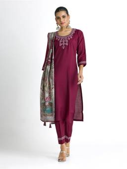 Women Plus - Wine Embroidered Printed Kurta with Pant and Dupatta