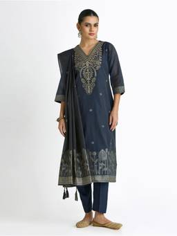 Women Plus - Navy Blue Embroidered Printed Kurta with Pant and Dupatta