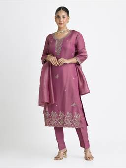 Women Plus - Purple Sequined Beads-Stone Work Kurta with Pant and Dupatta