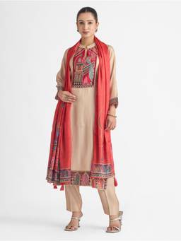 Women Plus - Beige Printed Sequined Work Kurta with Pant and Dupatta
