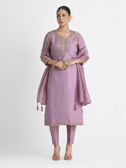 Women Plus - Lavender Embroidered Sequined Work Kurta with Pant and Dupatta
