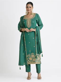 Women Plus - Green Embroidered Sequined Work Kurta with Pant and Dupatta
