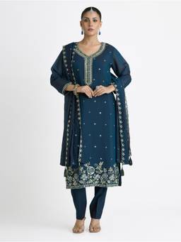 Women Plus - Navy Blue Embroidered Sequined Work Kurta with Pant and Dupatta