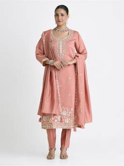 Women Plus - Peach Embroidered Sequined Work Kurta with Pant and Dupatta