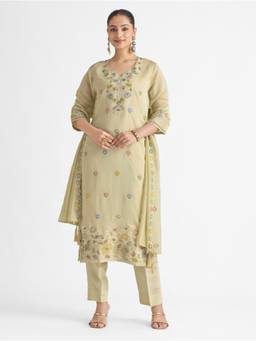 Women Plus - Cream Embroidered Sequined Work Kurta with Pant and Dupatta