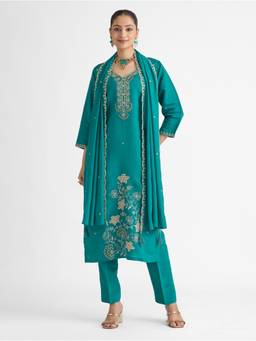 Women Plus - Teal Embroidered Sequined Work Kurta with Pant and Dupatta