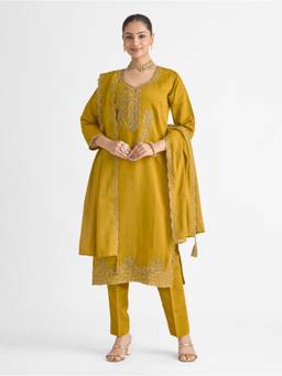 Women Plus - Yellow Embroidered Sequined Work Kurta with Pant and Dupatta