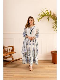 Nehamta - Women Off White-Blue Floral Printed Anarkali Kurta with Pant and Dupatta